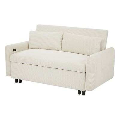 Pull-Out Sleeper Loveseat, Fine Ribbed Fabric Texture, Charging Port