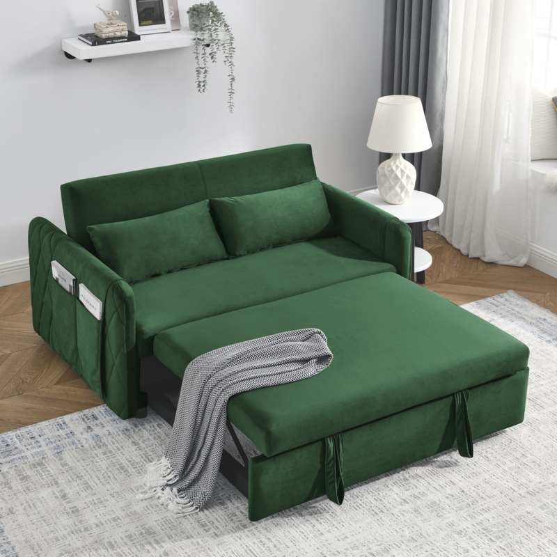 Pull Out Sleeper Sofa, Forest Green Velvet with Diamond Quilted Arms