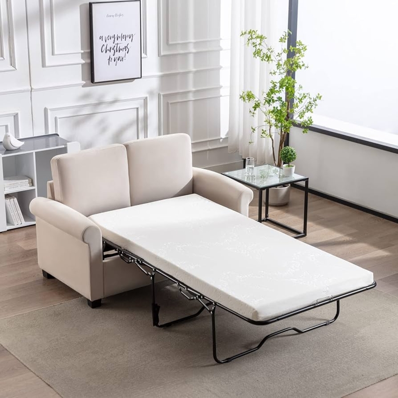 Pull Out Sleeper Sofa with Rolled Arms and Twin Mattress in Off-White