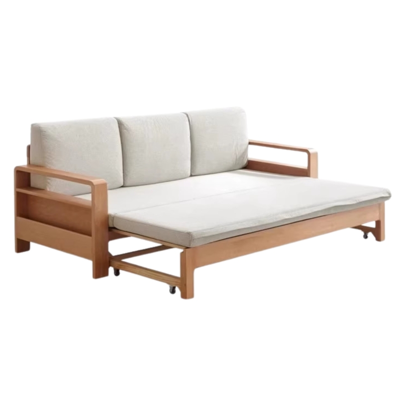 Pull-Out Sofa Bed with Integrated Armrest Storage Shelves, Natural Wood