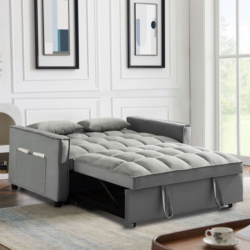 Pull Out Sofa Bed with Trundle Mechanism and Tufted Velvet Upholstery