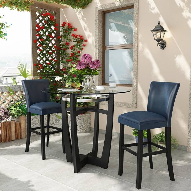 Purplish Blue Bar Table Set Curved Sculptural Base Glass Top