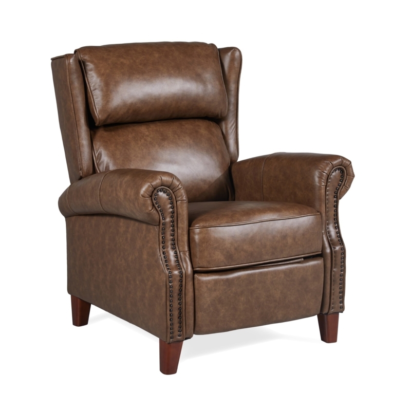 Pushback Recliner in Cognac Leather-Like Fabric with Nailhead Trim
