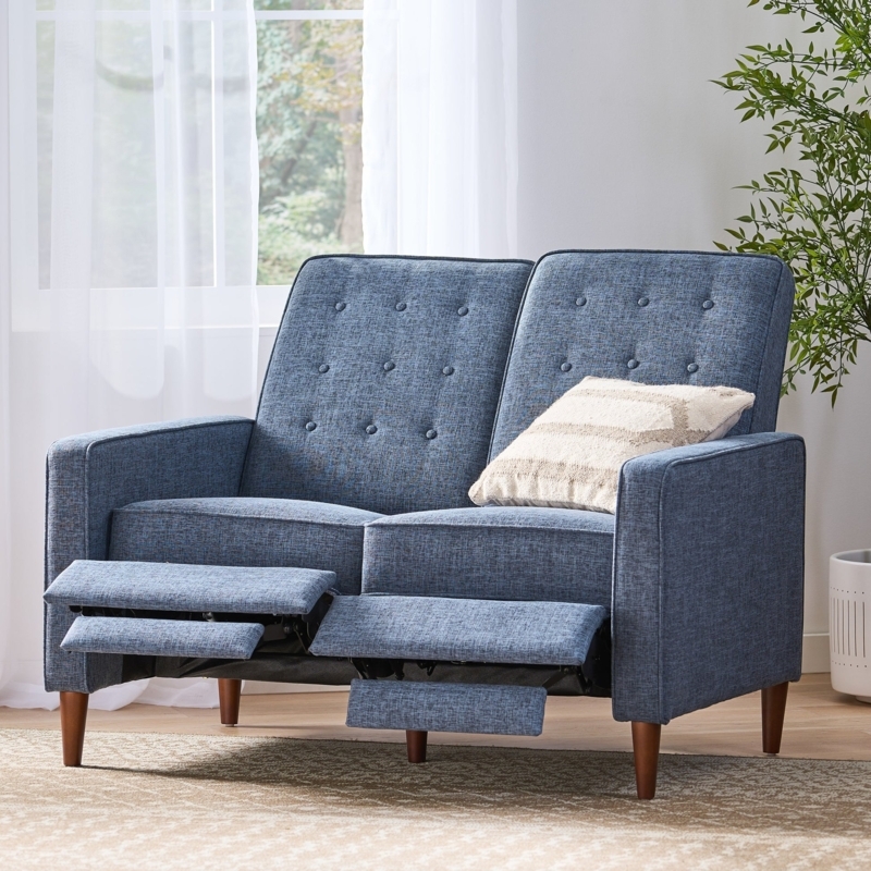 Pushback Reclining Loveseat Denim Blue with Button Tufting & Tapered Legs