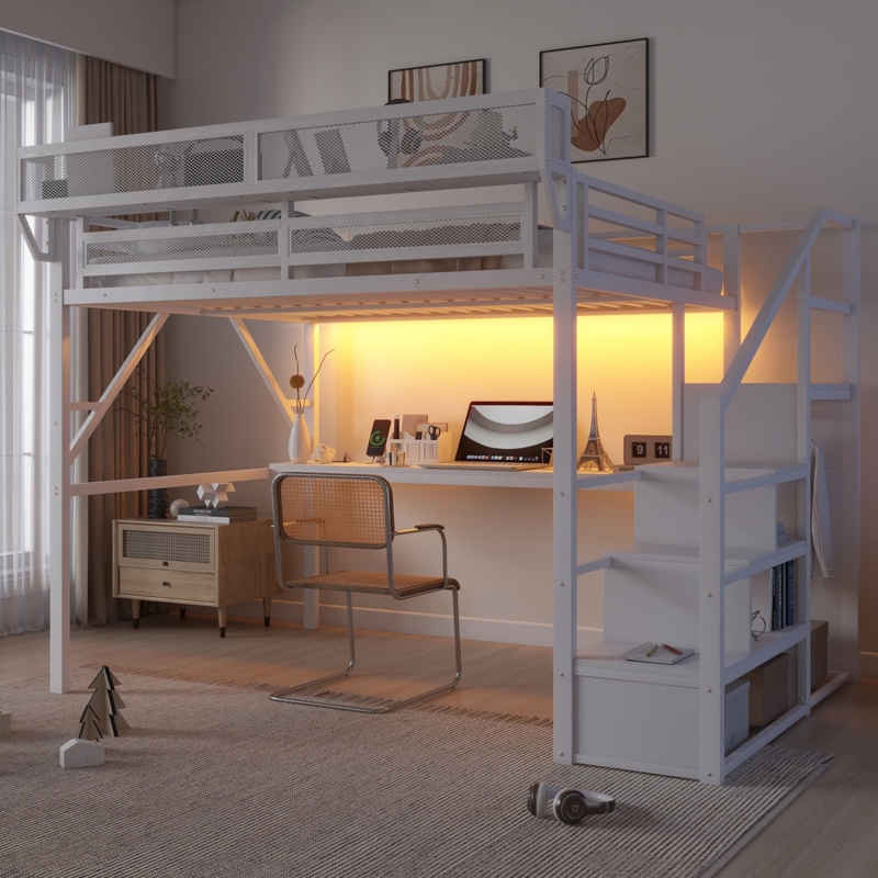 Queen Loft Bed White Metal Mesh Guardrail Desk LED Light
