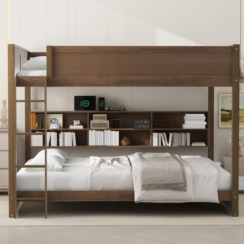 Queen Over Queen Bunk Bed Antique Wood Finish Integrated Shelving