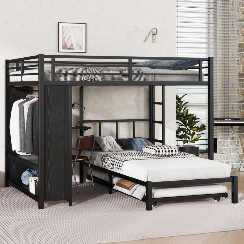 Queen Over Twin Bunk Bed with Industrial Metal Frame