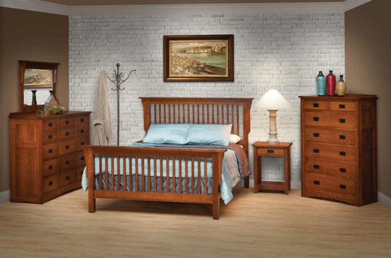 Queen Panel Bed Mission Style Honey Wood Finish with Vertical Slats