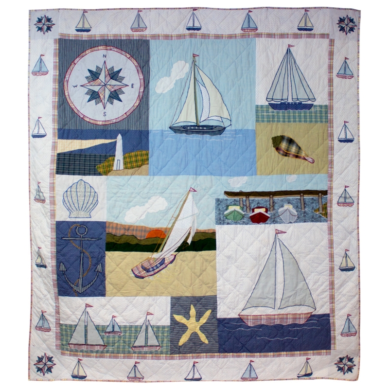 Queen Quilt Hand Quilted Applique Compass Rose Maritime Scenes