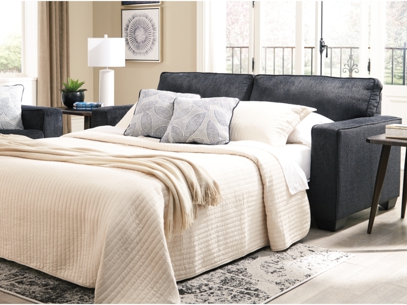Queen Sofa Sleeper: Charcoal Gray Fabric with Fold-Out Bed and Track Arms.