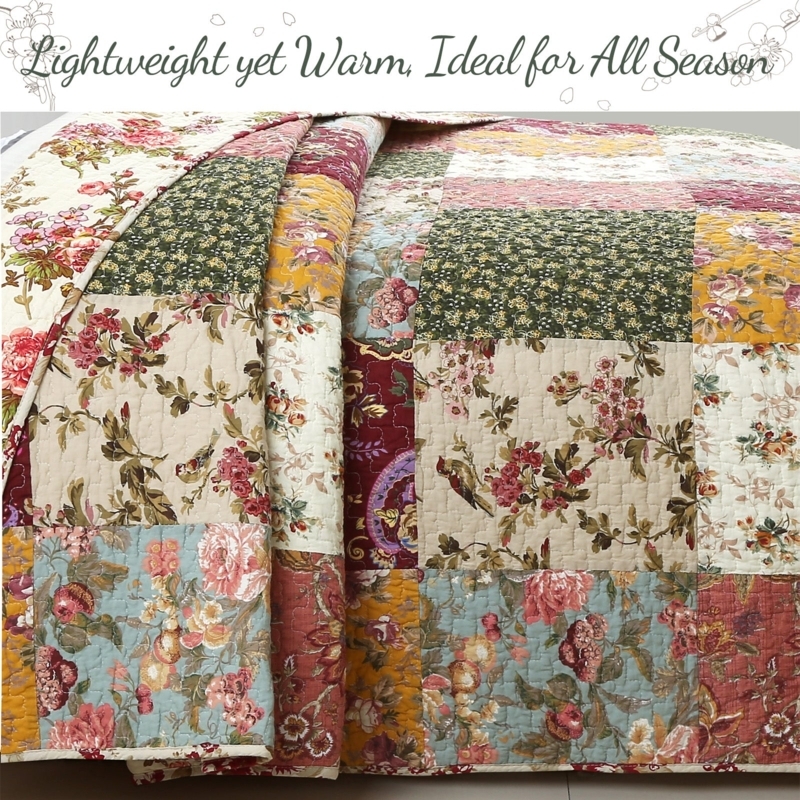 Quilt Bedding Set Floral Patchwork Bird Detail Lightweight Cotton