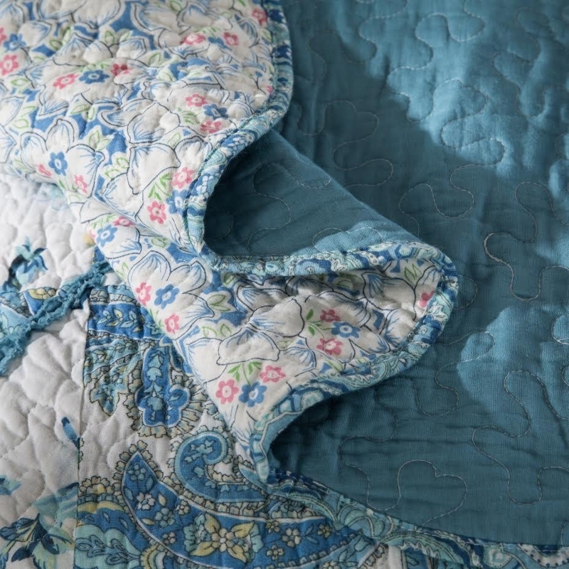 Quilt Bedspread Teal Blue Reversible Floral Paisley Vermicelli