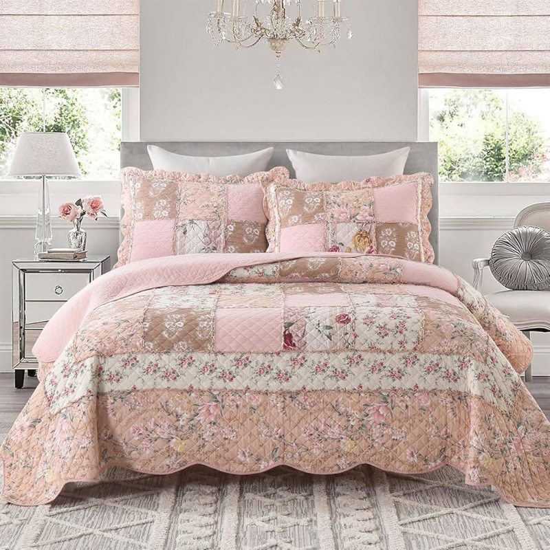 Quilt Set Blush Pink Floral Scalloped Edge Decorative Ruffles