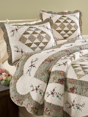 Quilt Set Embroidered Floral Diamond Patchwork Scalloped Sage Green