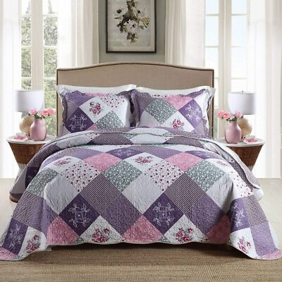 Quilt Set Lavender Purple Floral Patchwork Gingham Scalloped Diamond