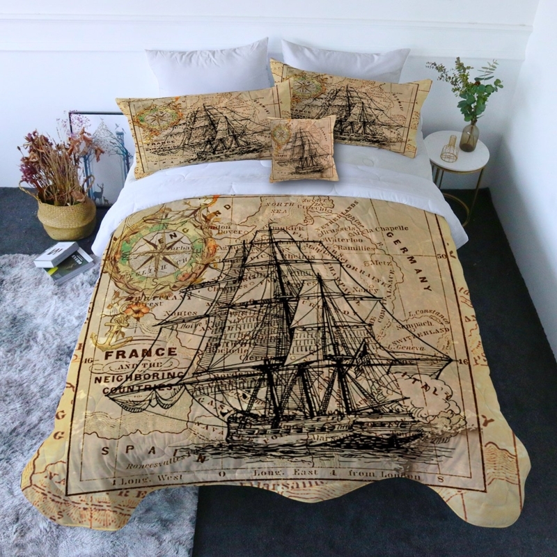 Quilt Set Nautical Chart Print Vintage Masted Ship Graphic