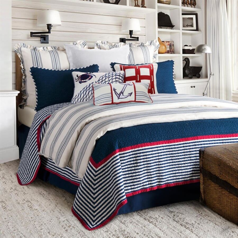 Quilt Set Nautical Motifs Ticking Stripes Red Piping Patriotic Navy