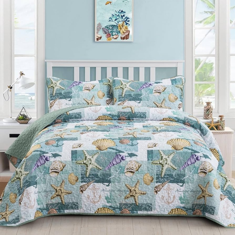 Quilt Set Reversible Seastar Pattern Aqua Teal Coastal Beach Theme