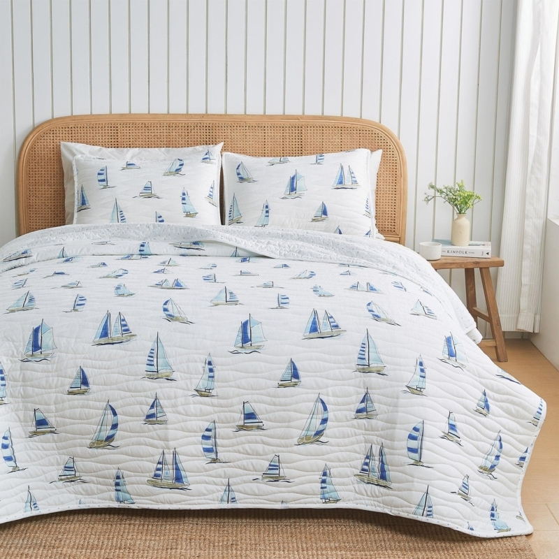 Quilt Set Watercolor Sailboat Print Horizontal Wavy Quilting Coastal