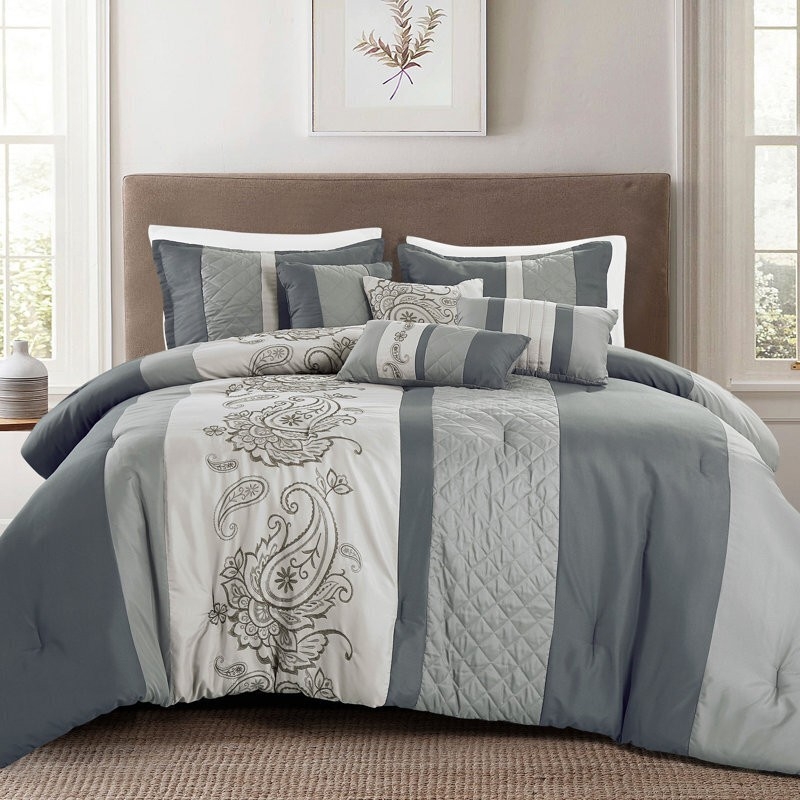 Quilted Charcoal Bedding Set: Gray Paisley Embroidery and Tonal Palette
