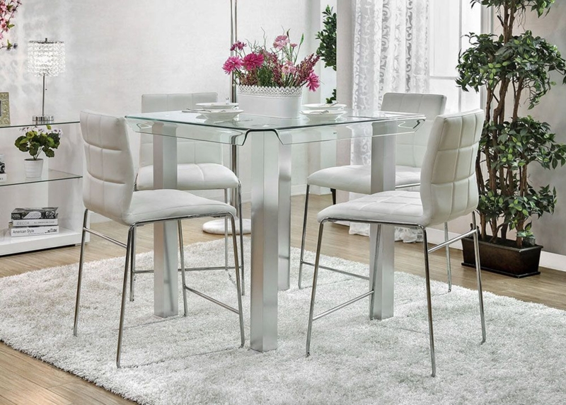 Quilted White Pub Table Set Curved Glass Top Silver Dining Set