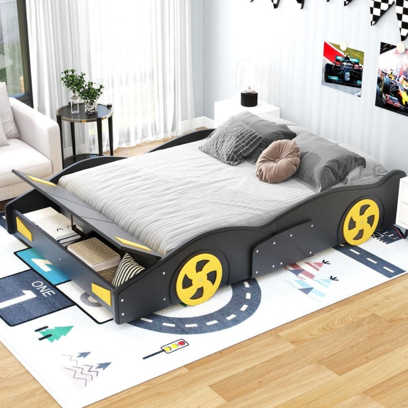 Race Car Platform Bed with Front Hood Storage, Black & Yellow