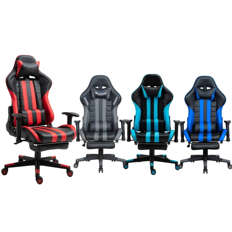 Racing Style Gaming Chair with Vertical Striped Upholstery and Footrest