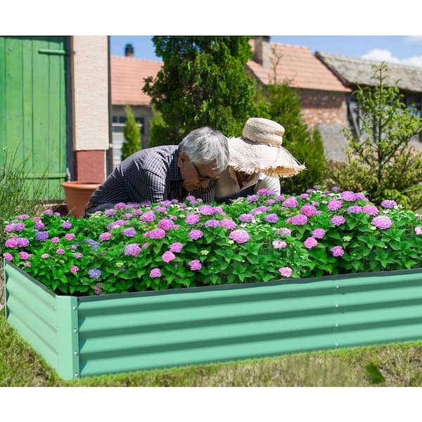 Raised Garden Bed Sage Green Finish Corrugated Metal Rectangular