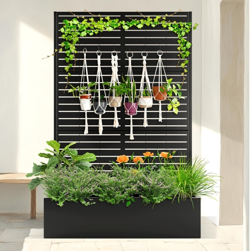 Raised Garden Bed with Louvered Privacy Screen Trellis
