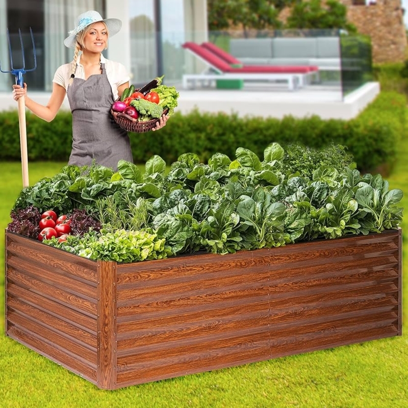 Raised Garden Bed Wood Grain Metal Corrugated Rustic Outdoor