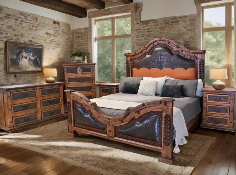 Ranch Style Rustic Bedroom Set: Scalloped Footboard & Metal Tack Trim