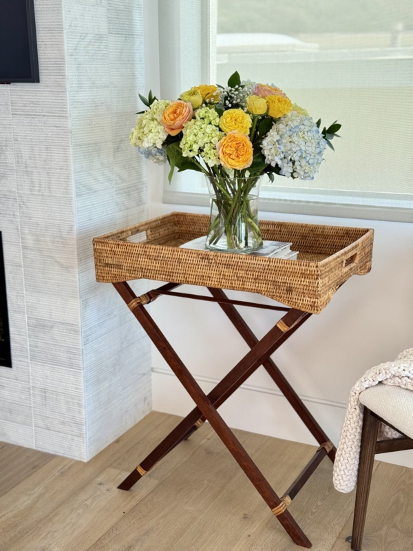 Rattan Butler Tray Table Folding Teak Stand Coastal Organic Modern