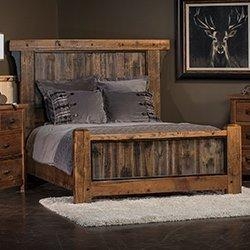 Reclaimed Barnwood Bed Set with Vertical Planks and Exposed Bolt Heads