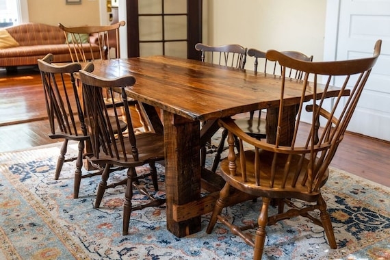 Reclaimed Wood Dining Table Chunky Trestle Legs Rustic Farmhouse Style