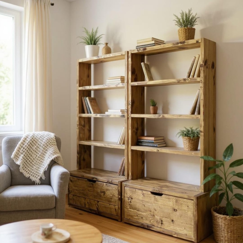 Reclaimed Wood Shelving Unit: Rustic Style with Integrated Base Drawers