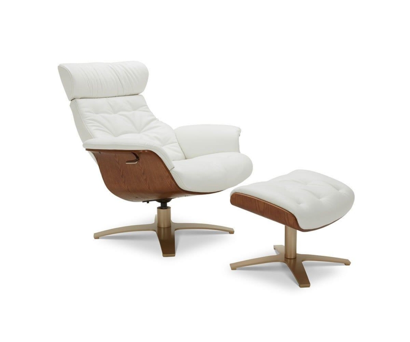 Recliner and Ottoman Set White Tufted Gold Base Walnut Shell