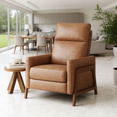 Recliner Chair Cognac Tan Angular Wooden Frame High Backrest