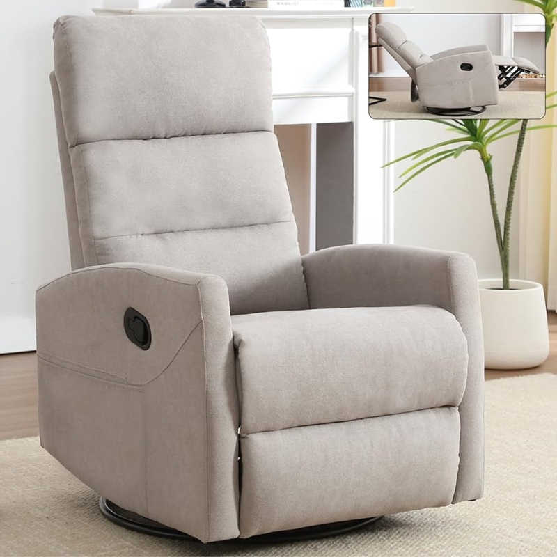 Recliner Chair Khaki Slim Silhouette Swivel Rocking Function