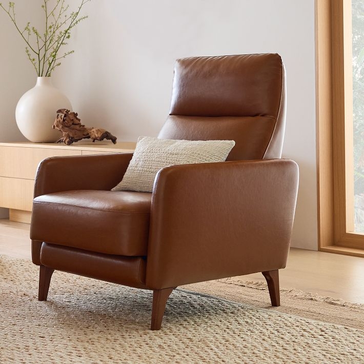 Recliner Chair: Minimalist High Back in Auburn Leather with Tapered Legs