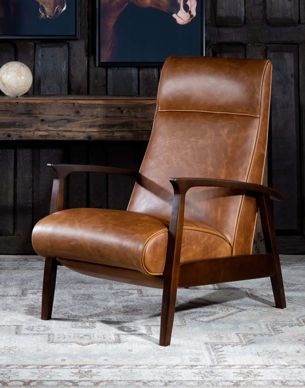 Recliner Chair: Slim Profile with Horizontal Stitch and Curved Wood Arms