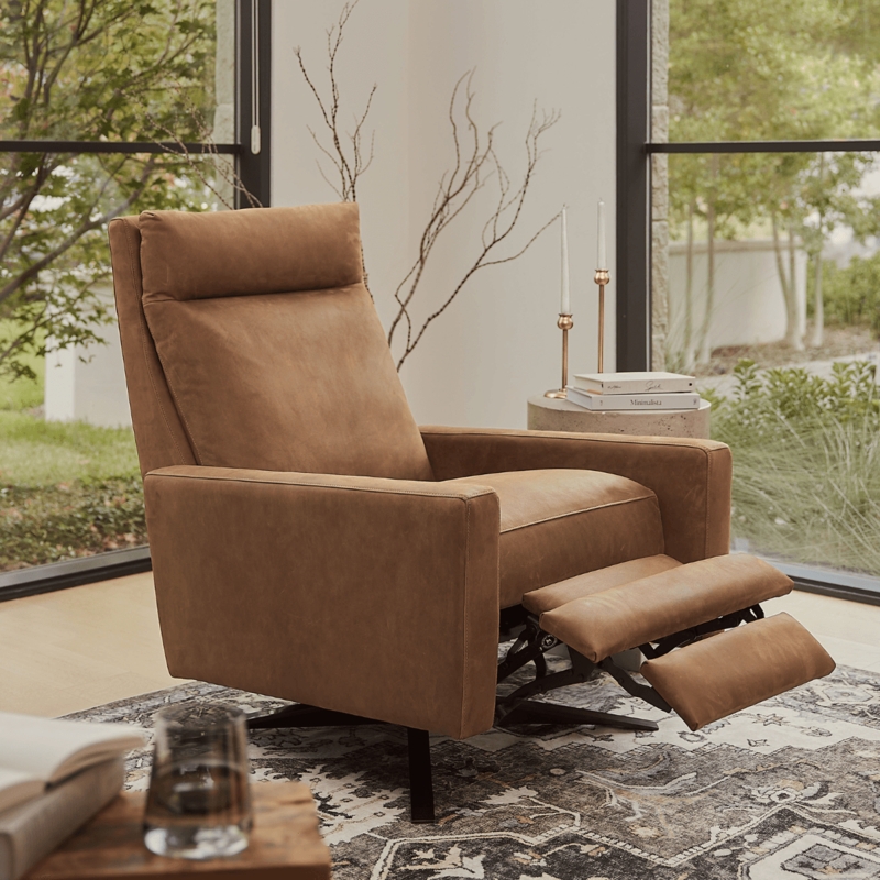 Recliner: Swivel Pedestal Base with Articulating Headrest in Cognac Brown