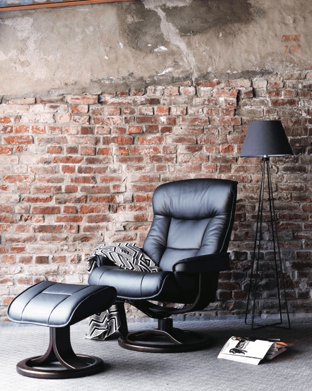 Reclining Chair Matte Black Leather Like Horizontal Tufting Ottoman