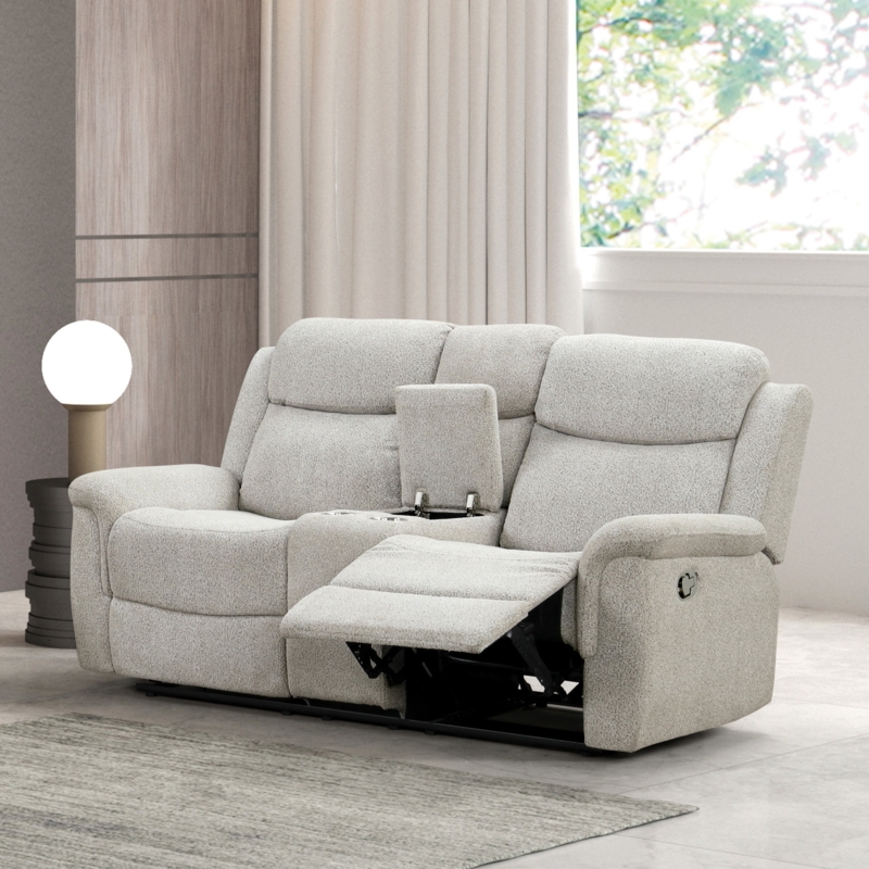 Reclining Loveseat Light Gray Fabric with Mottled Texture & Console