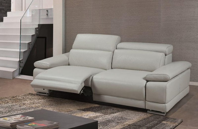 Reclining Loveseat Light Grey Leather with Polished Metal Sled Legs