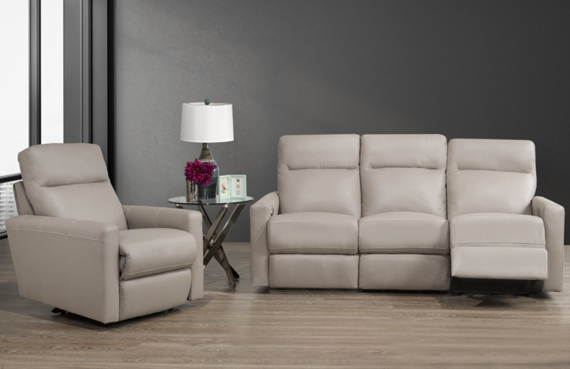 Reclining Sofa in Taupe Leather with Modern Track Arms