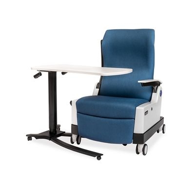 Recovery Recliner Chair, Mobile Overbed Table, Deep Blue, Matte Base.