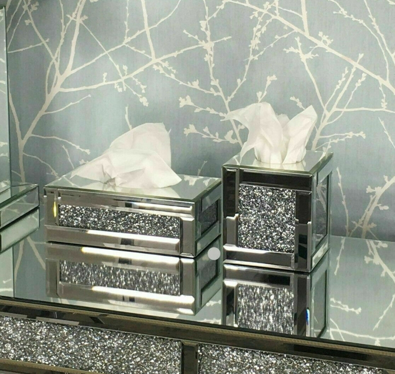 Rectangular Beveled Mirror Tissue Holder with Crushed Diamond Panel