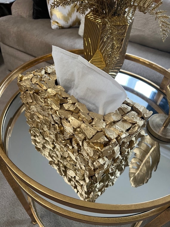 Rectangular Gold Leaf Stone Tissue Box with Mosaic Texture
