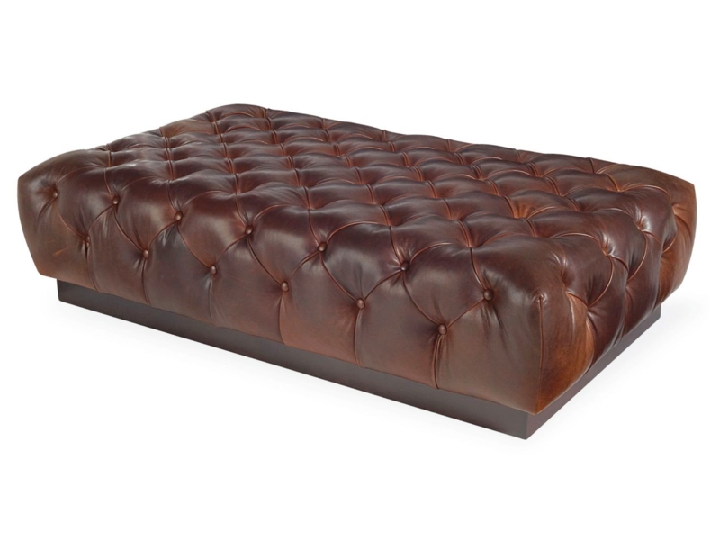 Rectangular Leather Ottoman Tufted Plinth Base Distressed Finish