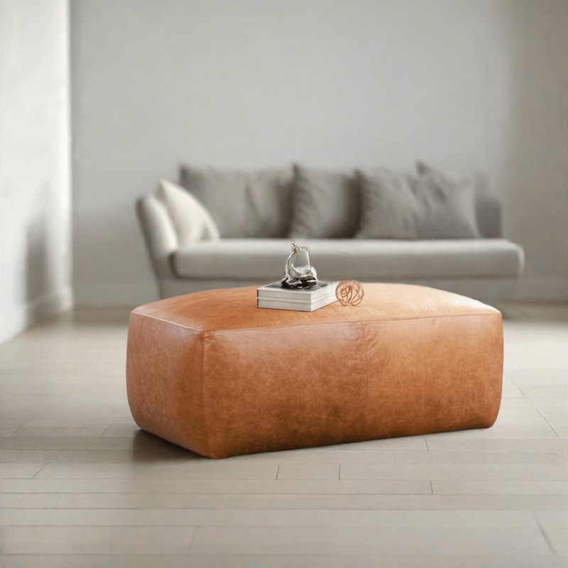 Rectangular Leather Pouf in Tan Brown with Soft Rounded Edges